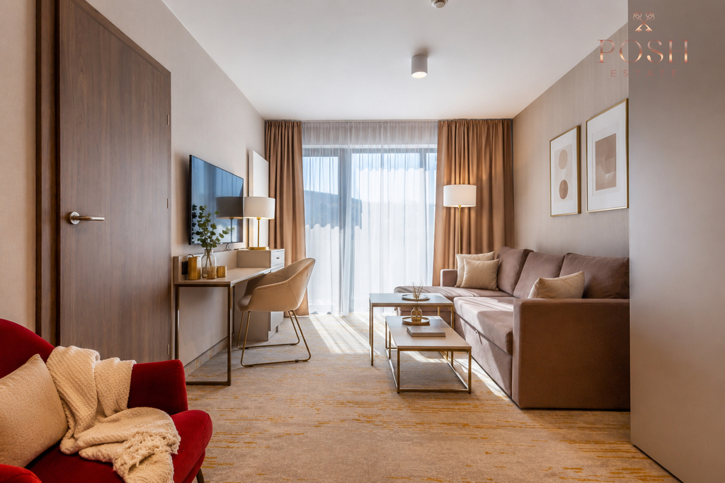 widok na basen | inwestycja | balkon |własna sauna