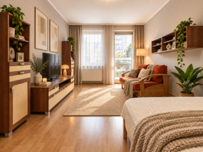 duża kawalerka | rozkład | balkon | opcja 2 pokoi