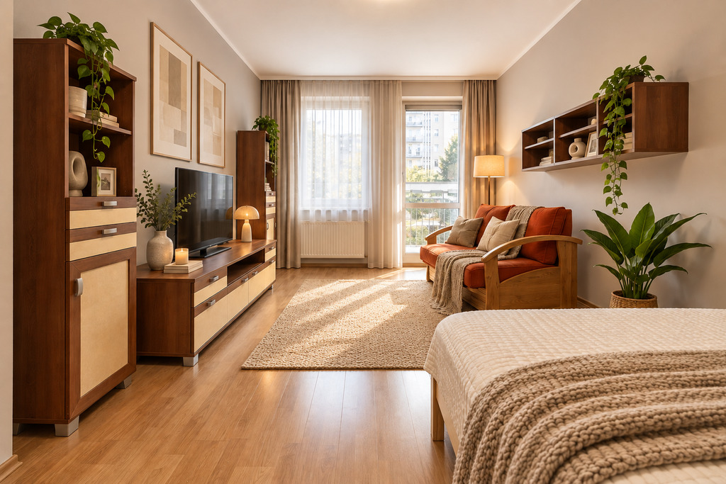 duża kawalerka | rozkład | balkon | opcja 2 pokoi